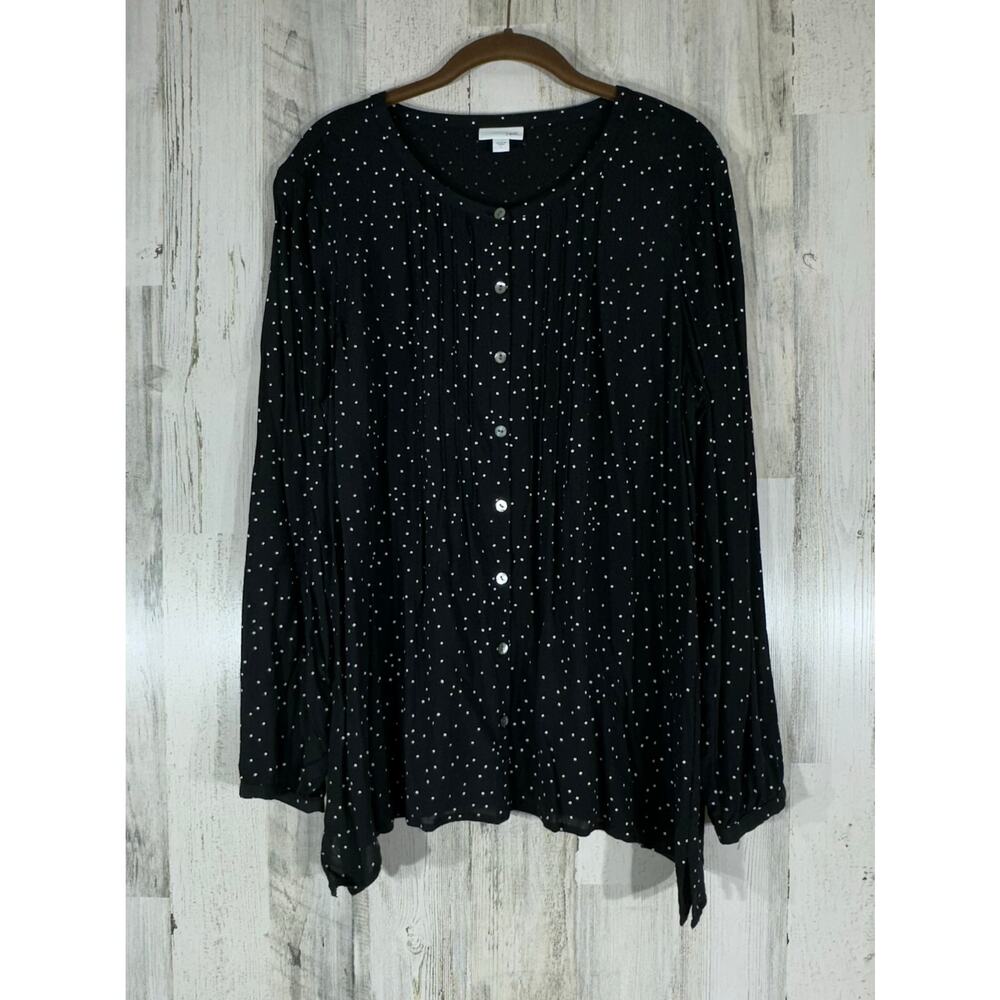 J Jill Button Up Blouse Large Black Speckled Dot Print Pintuck Pleats Semi Sheer